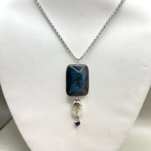 Artisan Elegant Silver and Blue Agate Statement Pendant Necklace